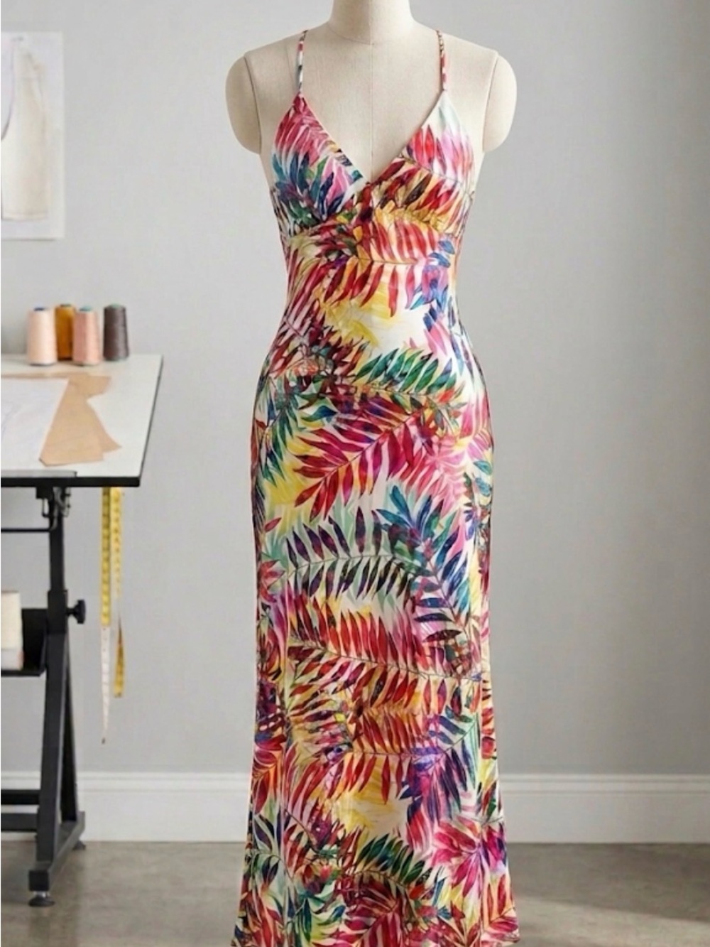 Nicole Miller Multicolor Tropical Leaf Spaghetti-Strap Maxi Dress